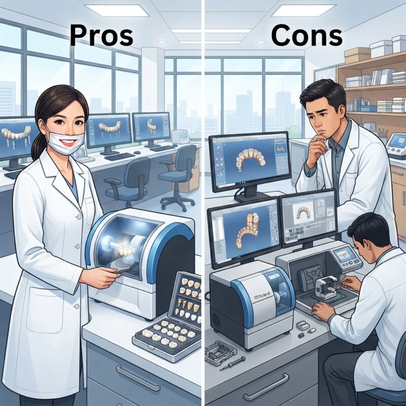 Dental technicians working on digital dental CAD designs in a modern lab - Roland DWX-52DCi pros and cons for small labs 2026