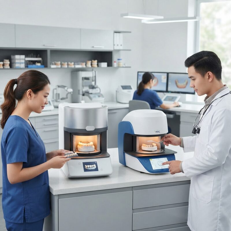 Dental technicians working on digital dental CAD designs in a modern lab - Zirkonzahn sintering furnace vs Ivoclar furnace cost 2026: Buying Guide