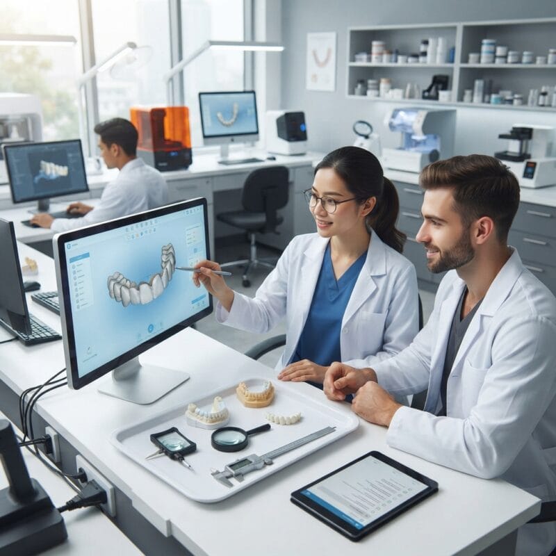 Dental technicians working on digital dental CAD designs in a modern lab - 3D dental lab quality control checklist for outsourcing partners 2026