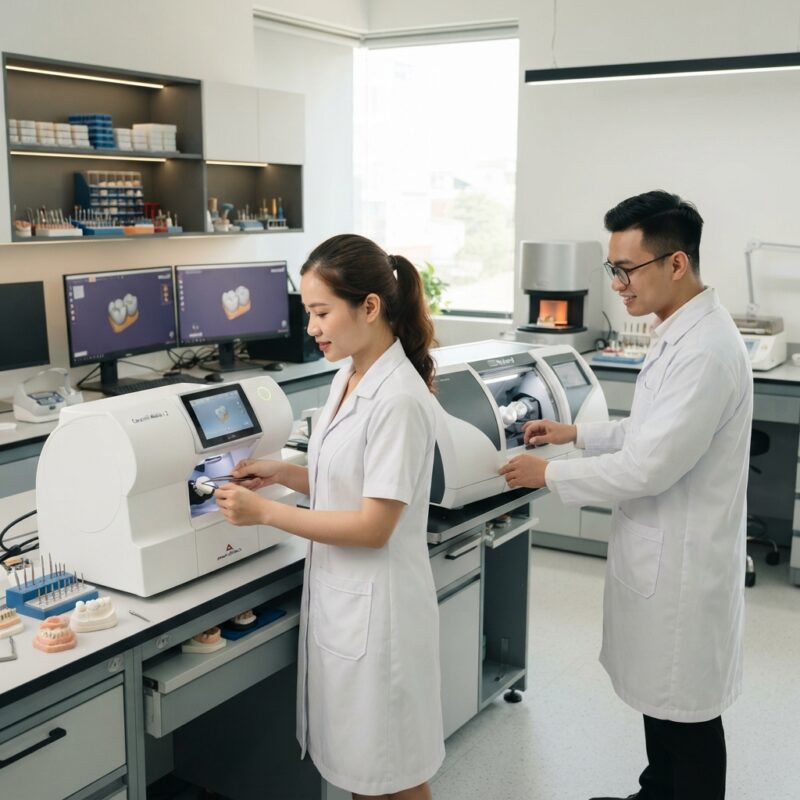 Dental technicians working on digital dental CAD designs in a modern lab - Amann Girrbach Ceramill Motion vs Roland DWX for zirconia 2026