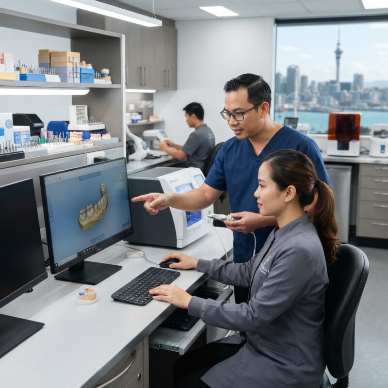 Dental technicians working on digital dental CAD designs in a modern lab - Dental Lab Tax and Regulation Changes in New Zealand in 2026: What Labs Must Know