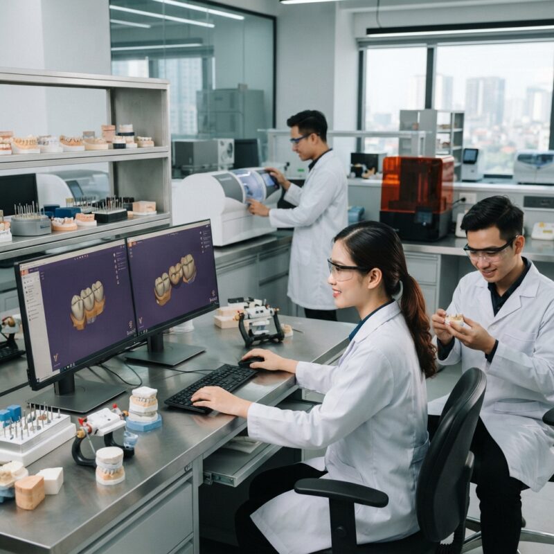 Dental technicians working on digital dental CAD designs in a modern lab - US state sales tax rules for dental prosthetics and lab services in 2026