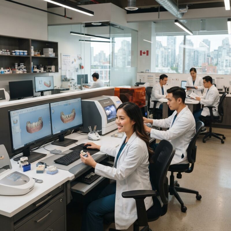 Dental technicians working on digital dental CAD designs in a modern lab - Canadian GST/HST and provincial rules for dental labs in 2026