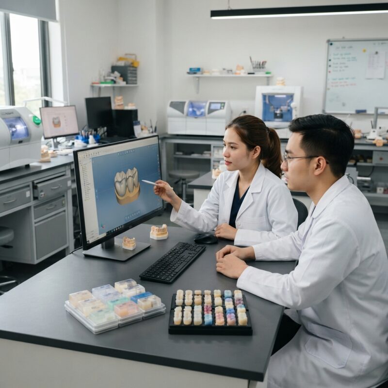 Dental technicians working on digital dental CAD designs in a modern lab - Cost of Ivoclar and Dentsply Milling Blocks per Crown 2026