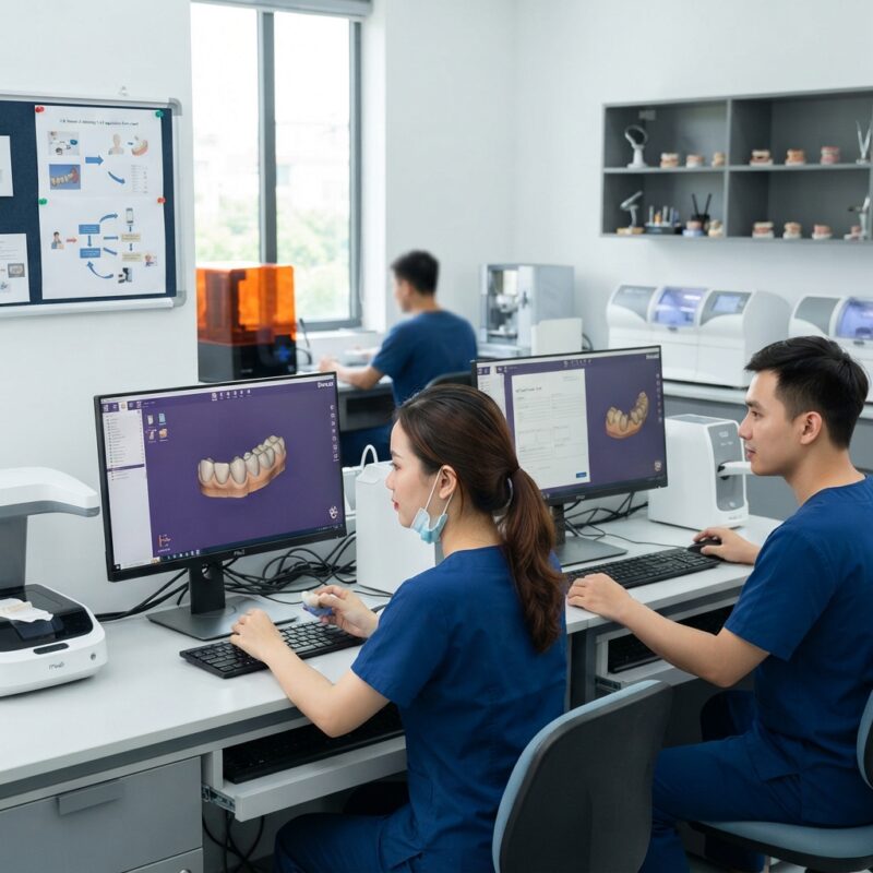 Dental technicians working on digital dental CAD designs in a modern lab - UK VAT rules for dental laboratories and outsourced design in 2026