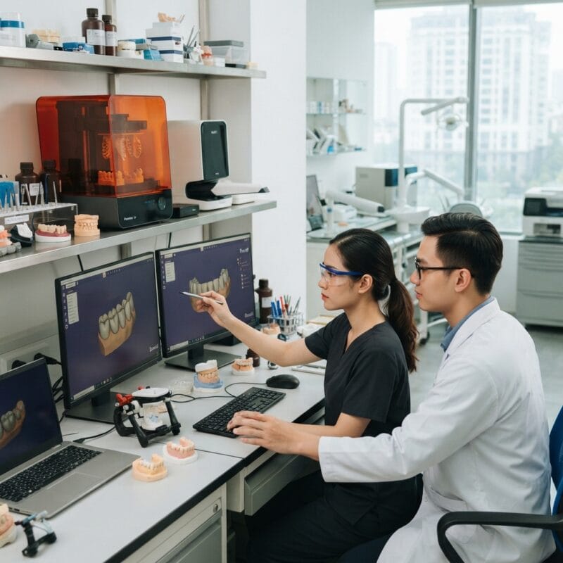 Dental technicians working on digital dental CAD designs in a modern lab - Starting a 3D dental lab business: costs and requirements 2026