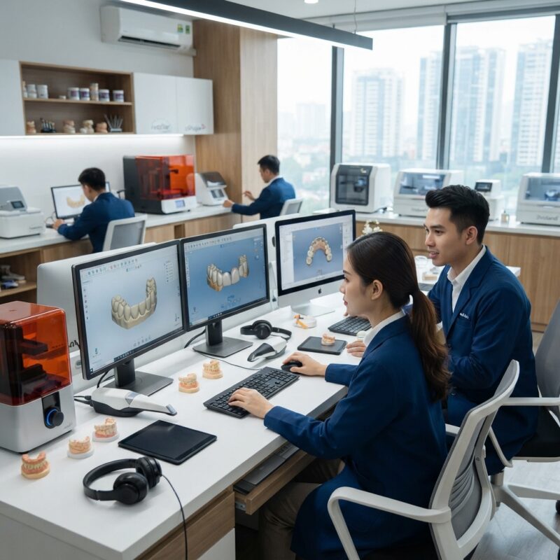 Dental technicians working on digital dental CAD designs in a modern lab - Australian GST treatment of dental prosthetics and offshore design services in 2026