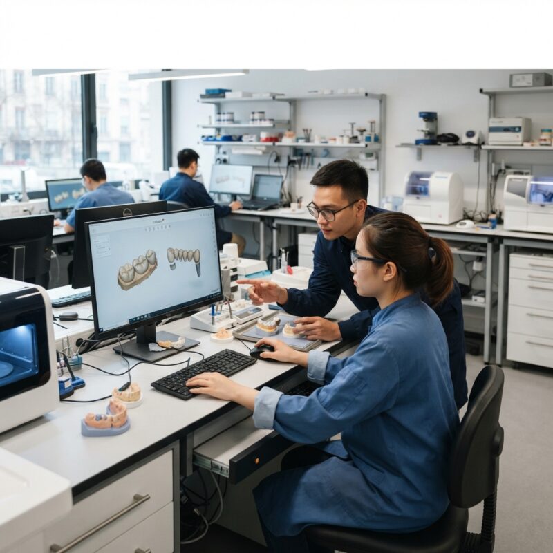 Dental technicians working on digital dental CAD designs in a modern lab - Dental Lab Tax and Regulatory Changes in France 2026: What Labs Must Know