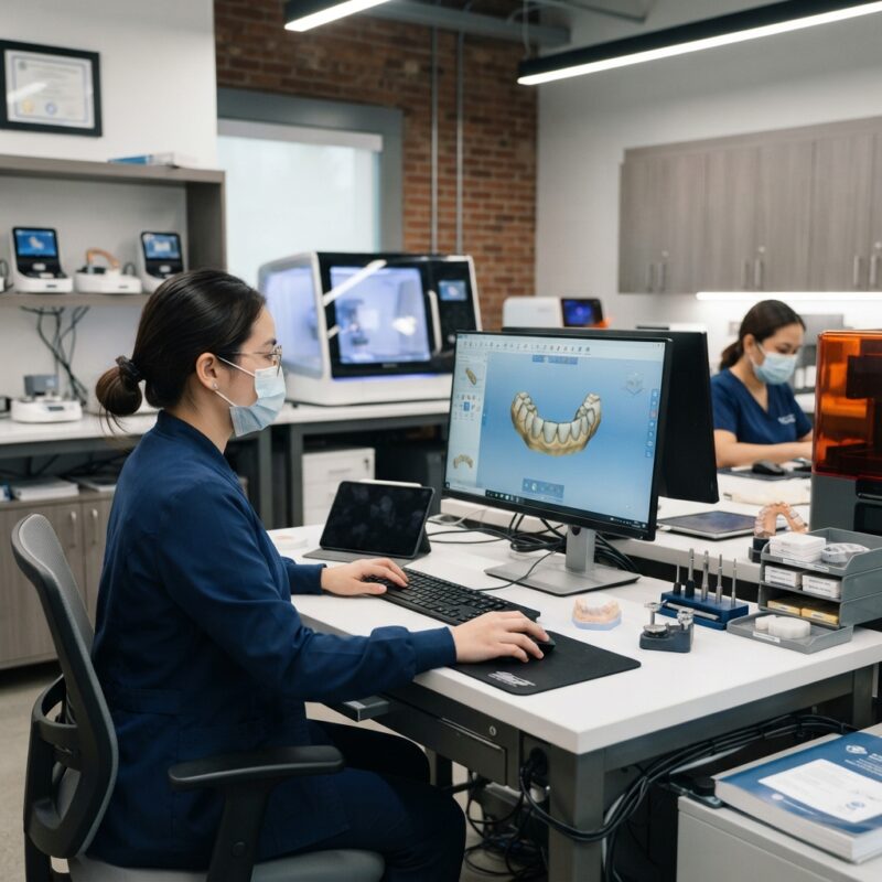 Dental technicians working on digital dental CAD designs in a modern lab - Medical Device Compliance for Dental Labs in the USA (FDA) in 2026