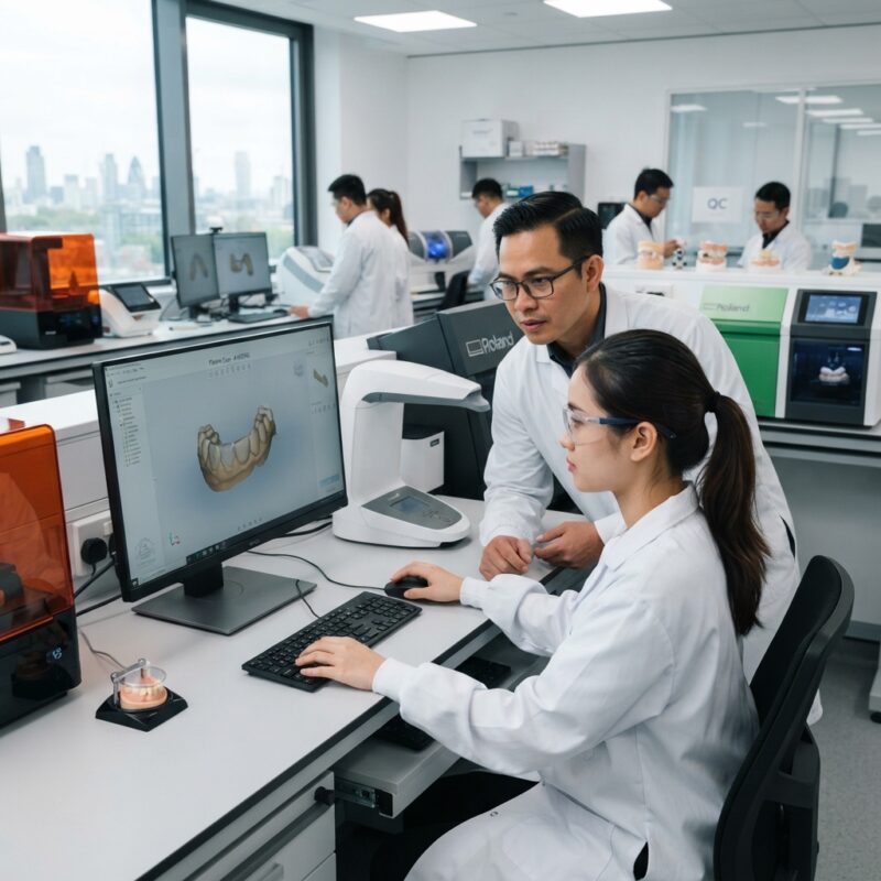 Dental technicians working on digital dental CAD designs in a modern lab - Medical Device Compliance for Dental Labs in the UK (MHRA) in 2026