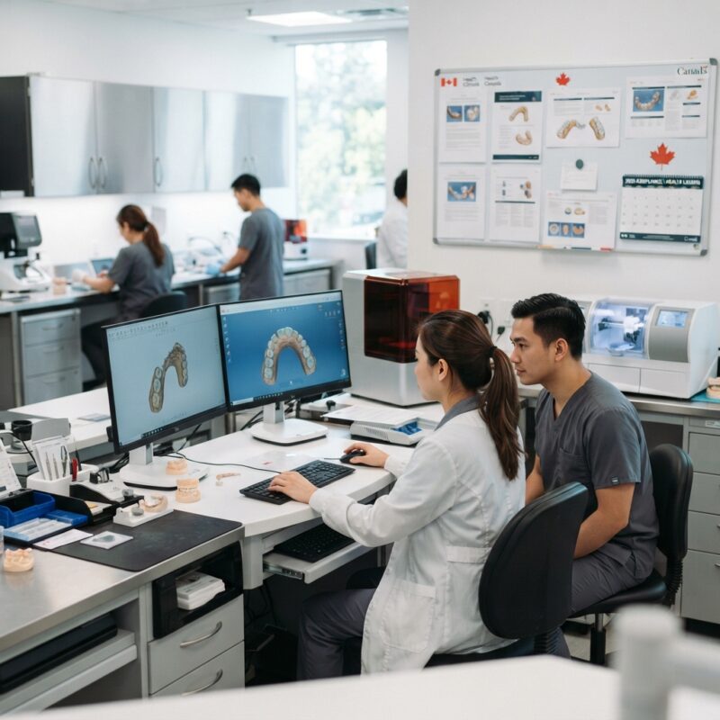 Dental technicians working on digital dental CAD designs in a modern lab - Medical Device Compliance for Dental Labs in Canada (Health Canada) in 2026