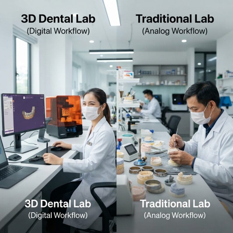 Dental technicians working on digital dental CAD designs in a modern lab - 3D dental lab vs traditional lab: which is right for your clinic 2026