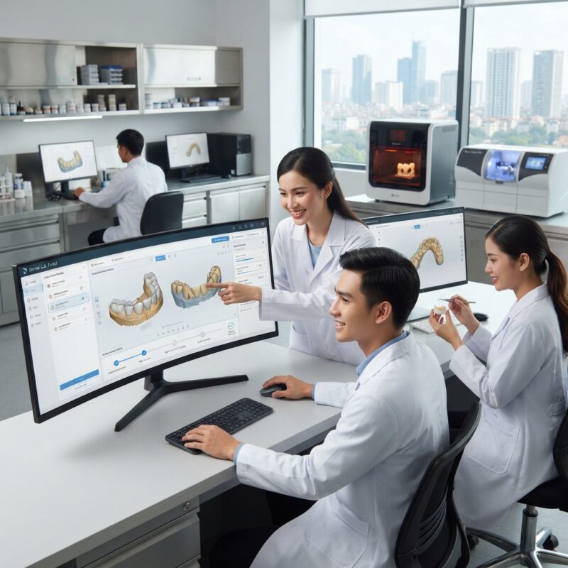 Dental technicians working on digital dental CAD designs in a modern lab - How a Dental Lab Portal Reduces Errors, Remakes and Delays in 2026
