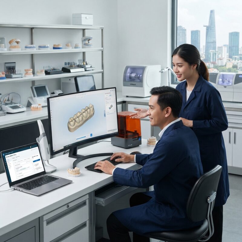 Dental technicians working on digital dental CAD designs in a modern lab - How to Integrate a Dental Design Outsourcing Portal with Your Lab Workflow in 2026