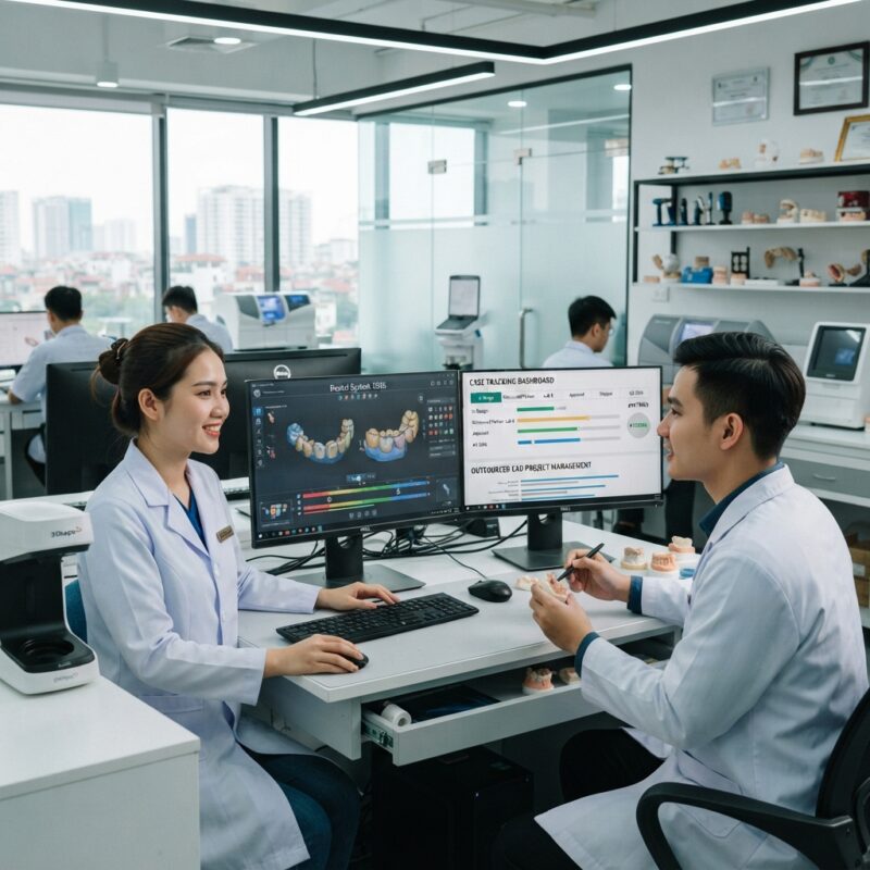 Dental technicians working on digital dental CAD designs in a modern lab - Dental Case Tracking Software: Benefits for Outsourced CAD Design in 2026
