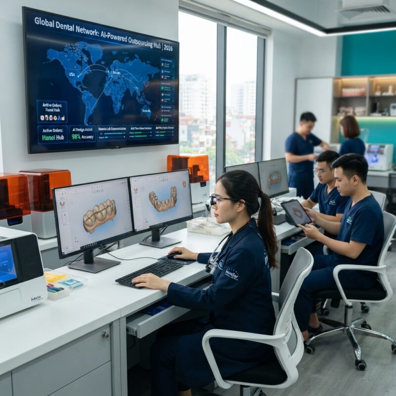 Dental technicians working on digital dental CAD designs in a modern lab - The Future of Dental Lab Outsourcing in 2026 and Beyond: AI, Portals and Global Teams