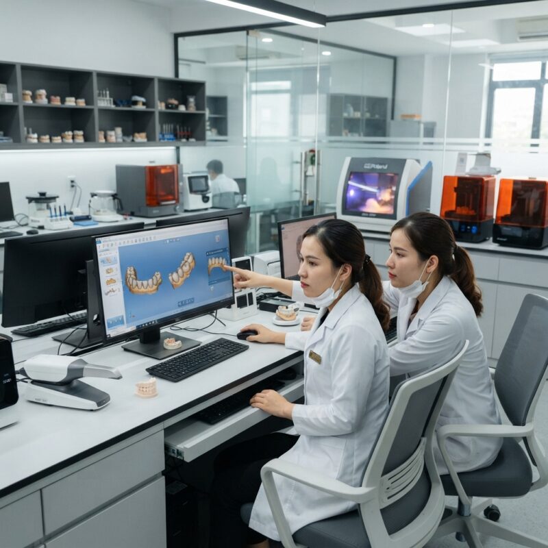 Dental technicians working on digital dental CAD designs in a modern lab - Dental Lab Trends to Watch in 2026: Digital Workflows, AI and Outsourcing