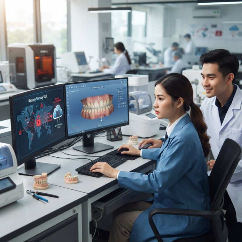 Dental technicians working on digital dental CAD designs in a modern lab - Data Privacy Risks for UK Dental Clinics Using Digital Scans in 2026