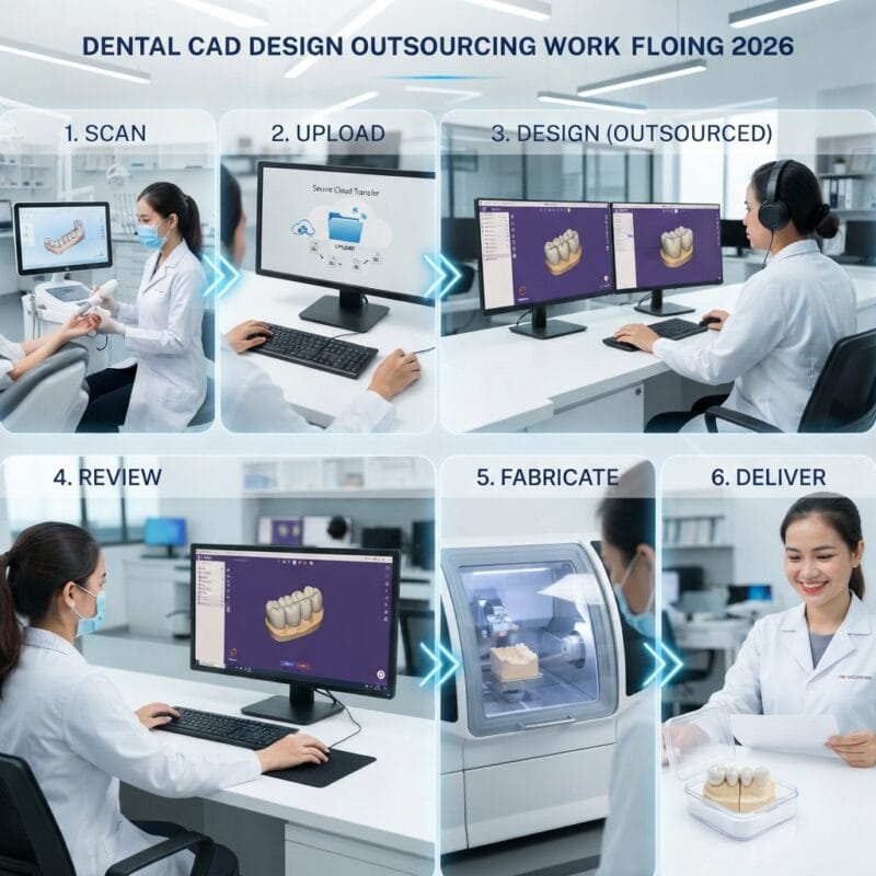Dental technicians working on digital dental CAD designs in a modern lab - How dental CAD design outsourcing works: step by step guide 2026