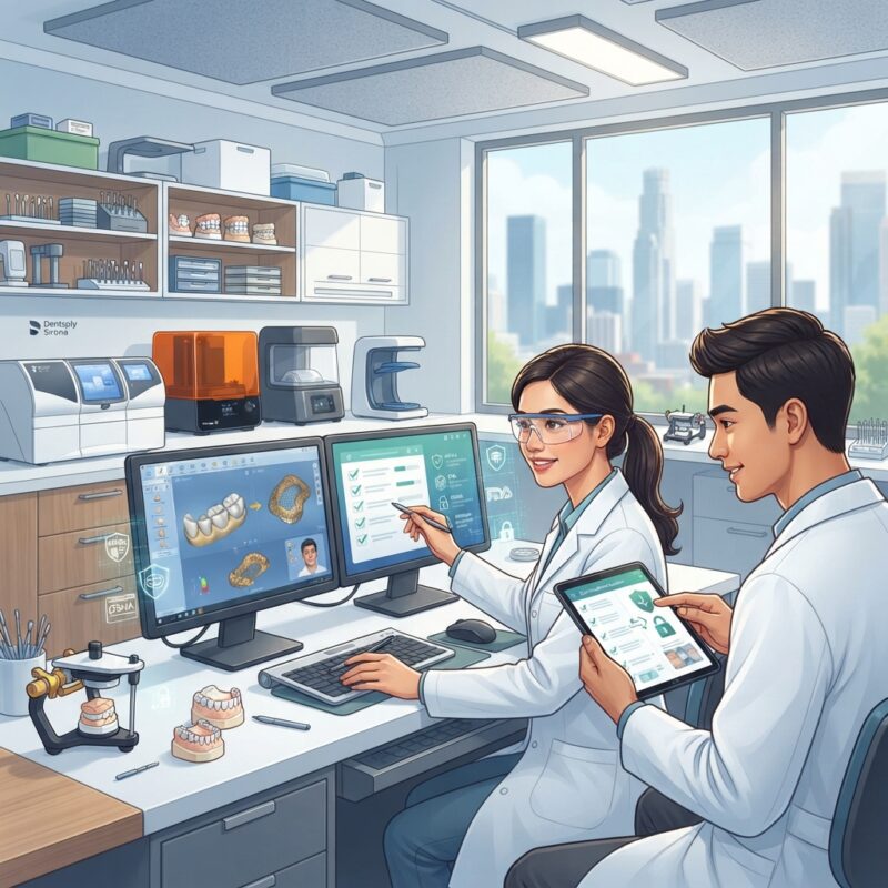 Dental technicians working on digital dental CAD designs in a modern lab - Compliance Checklist for Dental Clinics in the USA 2026: Essential Guide