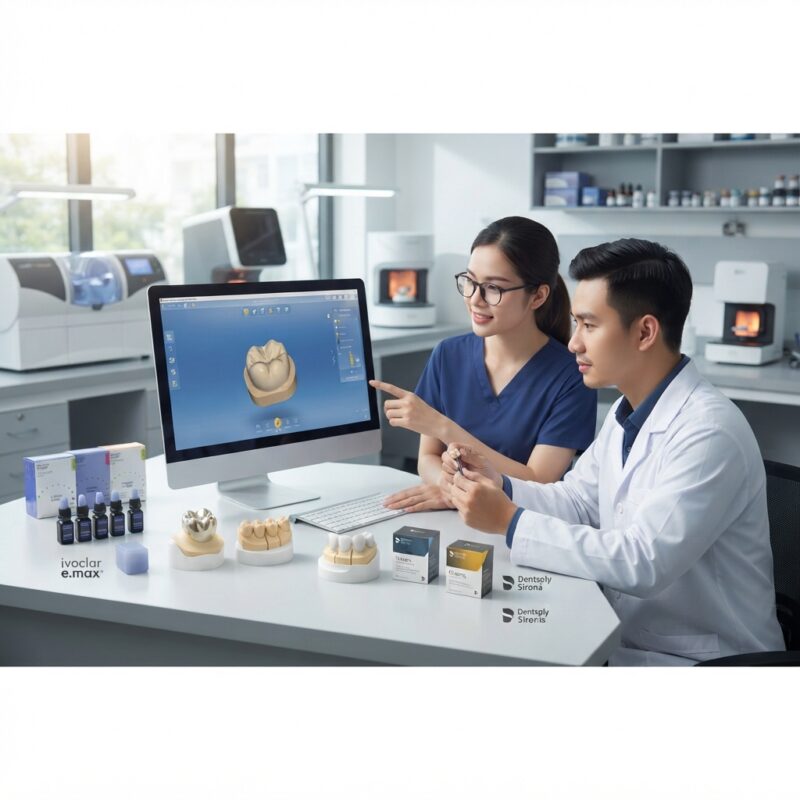 Dental technicians working on digital dental CAD designs in a modern lab - Ivoclar e.max vs Dentsply Sirona CEREC Tessera 2026: Which Suits Your Lab?