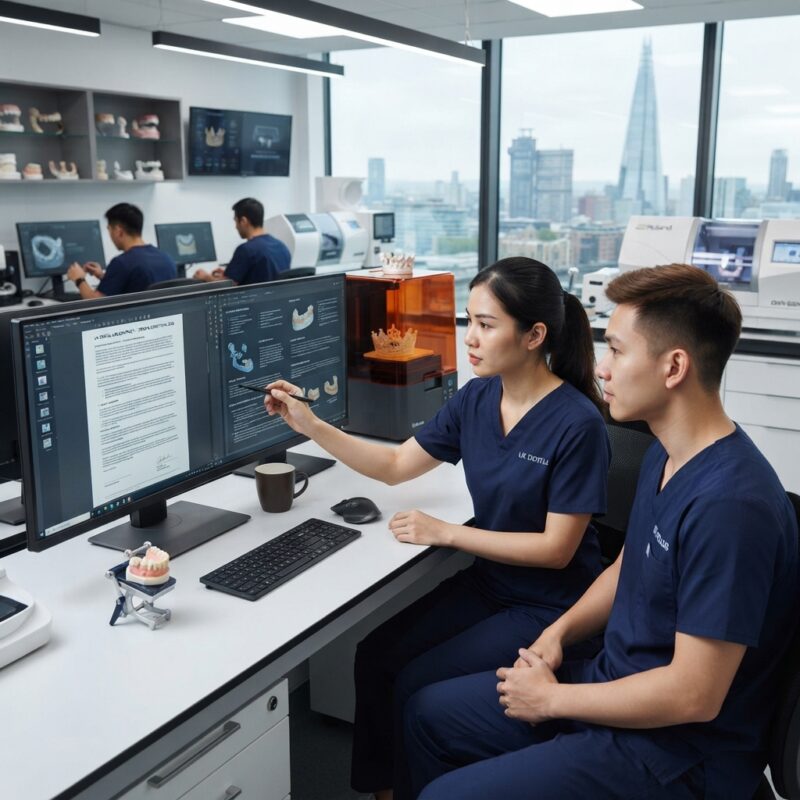 Dental technicians working on digital dental CAD designs in a modern lab - Things to Check Before Signing a Dental Lab Contract in the UK 2026