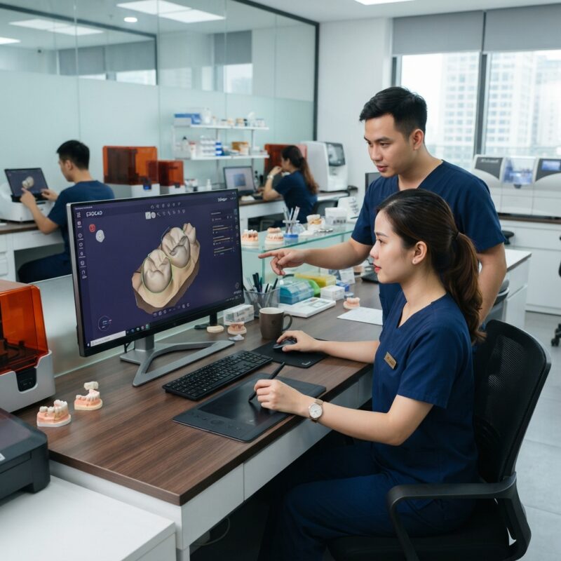 Dental technicians working on digital dental CAD designs in a modern lab - Common CAD CAM Design Errors and How to Fix Them in 2026