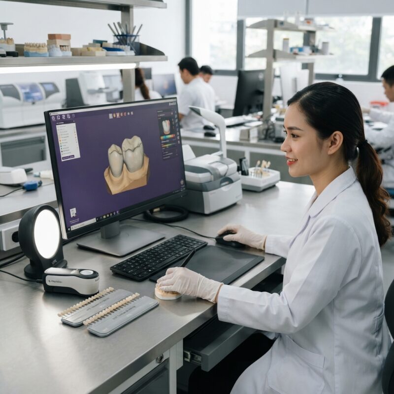 Dental technicians working on digital dental CAD designs in a modern lab - How to Fix Inconsistent Shade Matching in Dental Restorations 2026