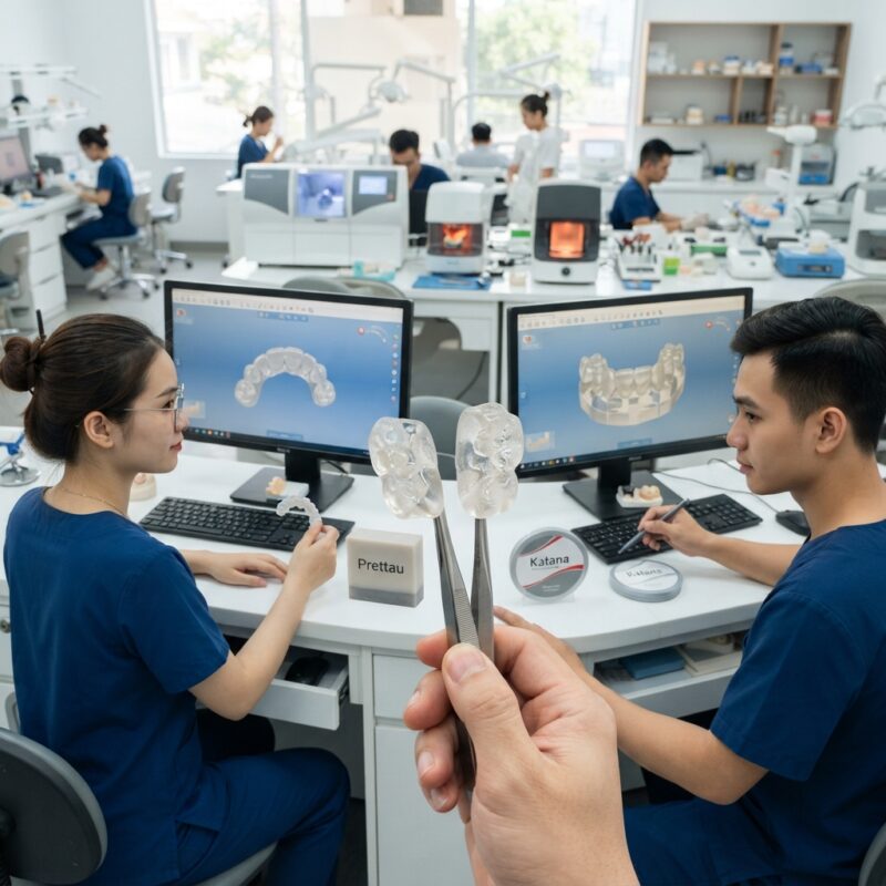 Dental technicians working on digital dental CAD designs in a modern lab - Zirkonzahn Prettau vs Katana zirconia from Kuraray Noritake 2026