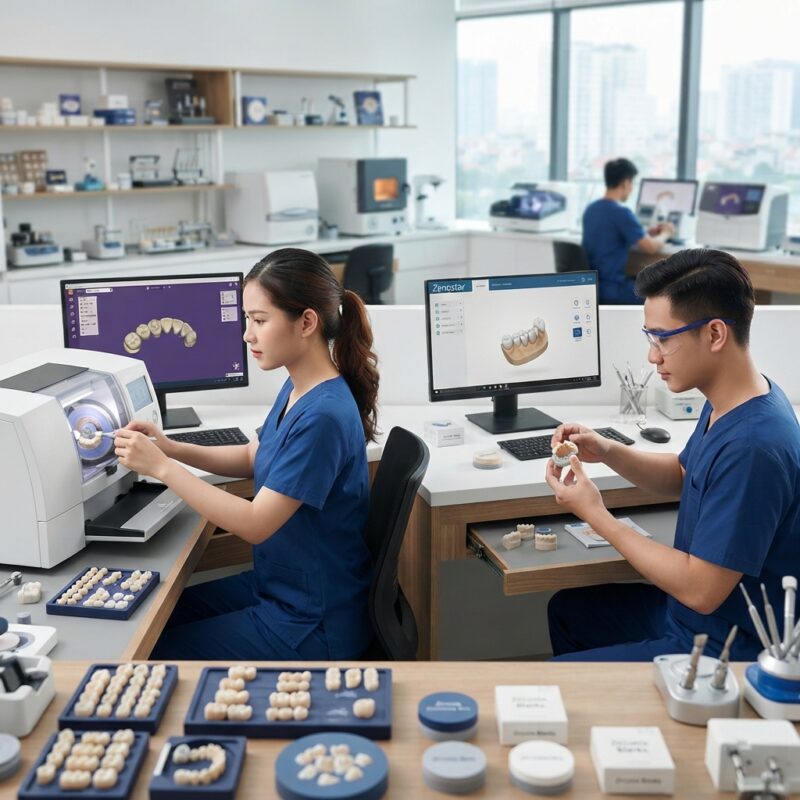 Dental technicians working on digital dental CAD designs in a modern lab - Ivoclar Zenostar vs Amann Girrbach zirconia blocks 2026: Ultimate Guide