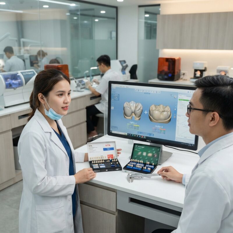 Dental technicians working on digital dental CAD designs in a modern lab - VITA Enamic vs GC Cerasmart hybrid ceramic blocks 2026: Which to Choose?
