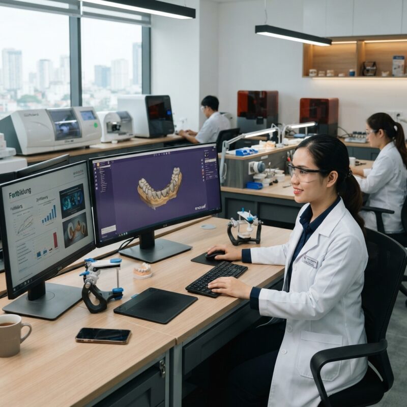 Dental technicians working on digital dental CAD designs in a modern lab - Continuing education points and certified CPD at German dental trade fairs and congresses, November 2026
