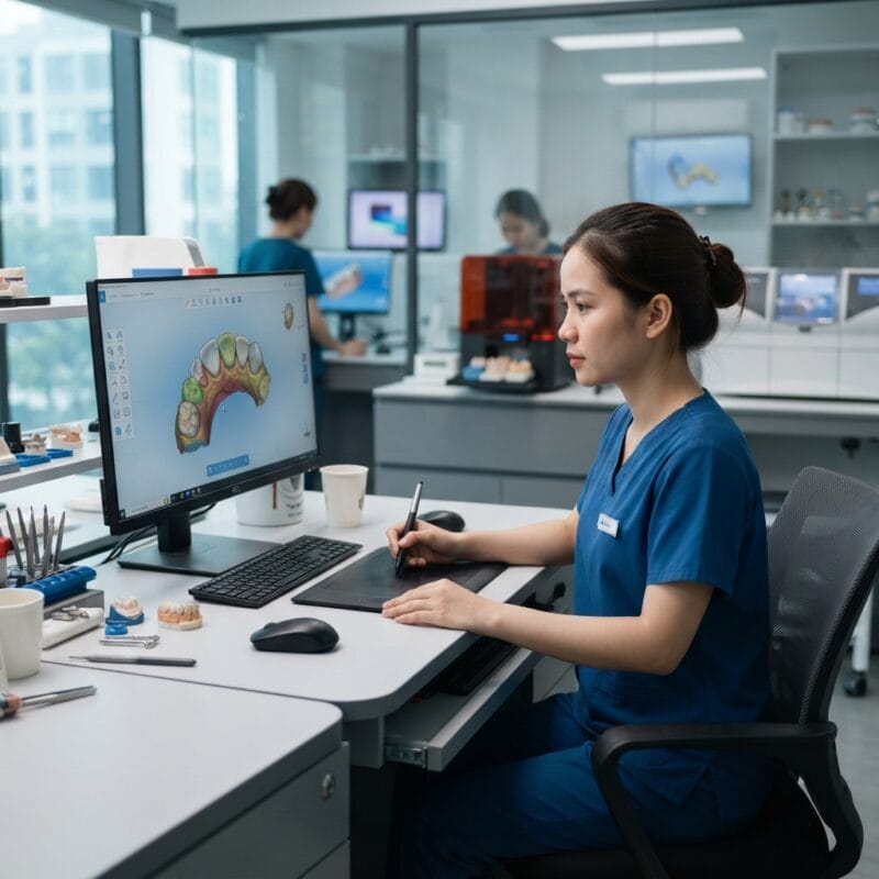 Dental technicians working on digital dental CAD designs in a modern lab - How 3D dental design reduces remake rates in 2026
