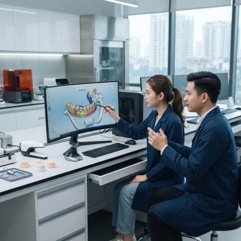 Dental technicians working on digital dental CAD designs in a modern lab - Dental CAD file requirements for outsourcing partners 2026