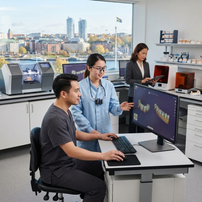 Dental technicians working on digital dental CAD designs in a modern lab - Swedental Gothenburg guide for Danish dentists: what to expect from the Nordic dental meeting, November 2026