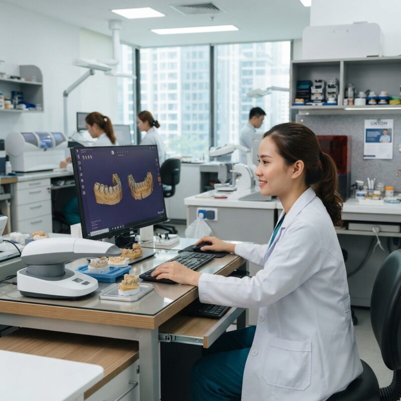 Dental technicians working on digital dental CAD designs in a modern lab - How Canadian Dentists Can Attend the Greater New York Dental Meeting: Travel and Cross-Border Planning, November 2026