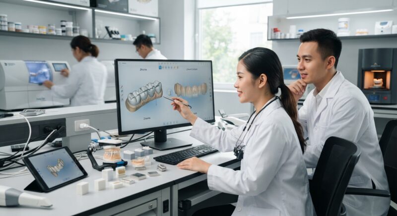 Dental technicians working on digital dental CAD designs in a modern lab - Zirconia vs Lithium Disilicate for Labs 2026: Choosing the Best Material