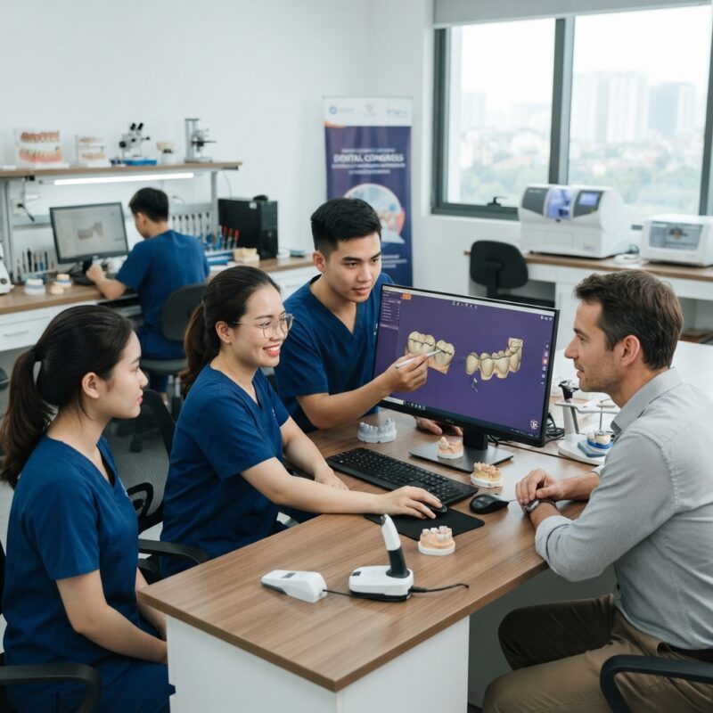 Dental technicians working on digital dental CAD designs in a modern lab - How French dental clinics can use the ADF Congress to find a CAD design partner, November 2026