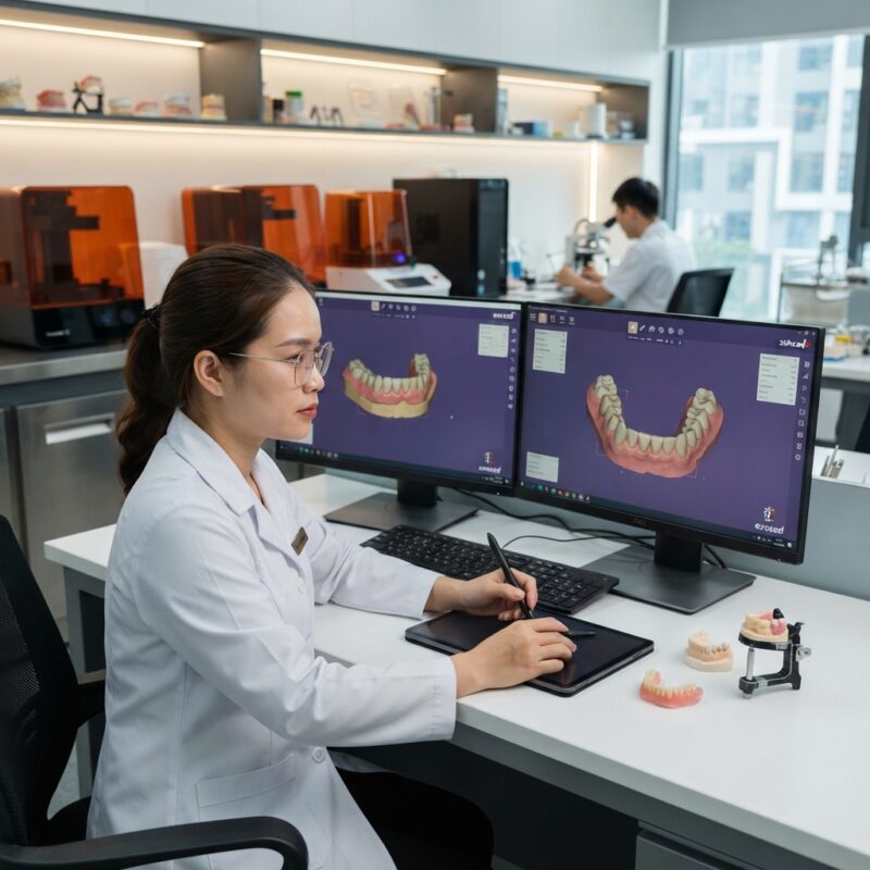 Dental technicians working on digital dental CAD designs in a modern lab - How to Prevent Gingival Margin Tearing on 3D Printed Two-Piece Dentures 2026