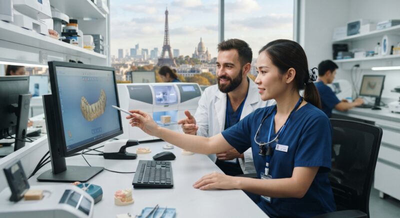 Dental technicians working on digital dental CAD designs in a modern lab - ADF Congress Paris for international dentists: registration, travel and language tips, November 2026