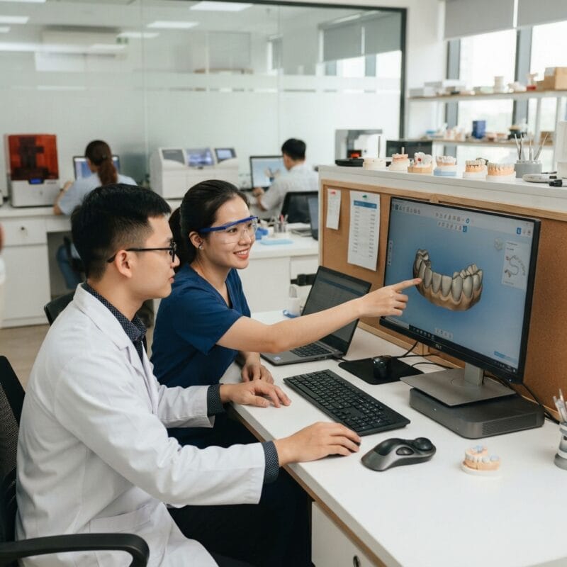 Dental technicians working on digital dental CAD designs in a modern lab - Dental CAD design pricing: what labs should expect to pay 2026