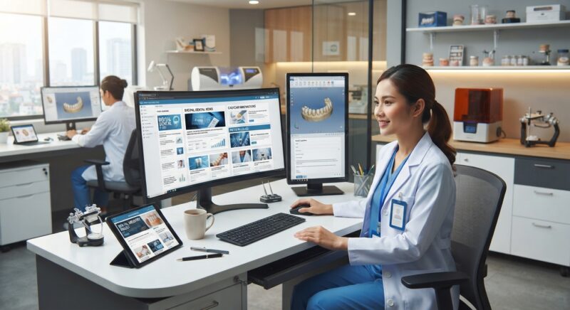 Dental technicians working on digital dental CAD designs in a modern lab - How to Follow Dental Industry News and Press Releases Efficiently as a Busy Dentist, November 2026