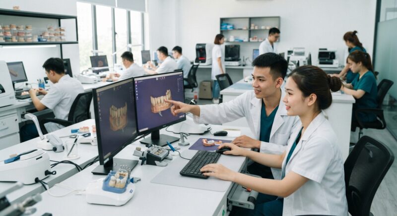 Dental technicians working on digital dental CAD designs in a modern lab - Why Dental Labs in Germany and the EU Are Outsourcing CAD Design to Vietnam in 2026