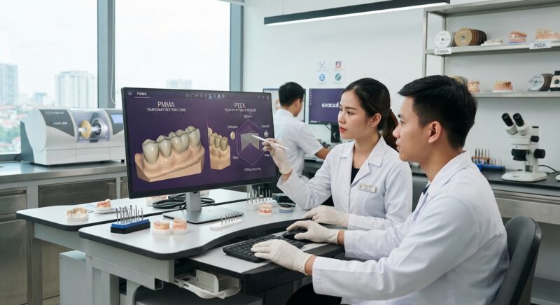 Dental technicians working on digital dental CAD designs in a modern lab - PMMA vs PEEK for Temporary Restorations 2026: Ultimate Comparison