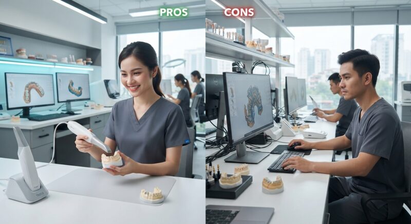 Dental technicians working on digital dental CAD designs in a modern lab - 3Shape TRIOS 5 pros and cons for dental practices 2026