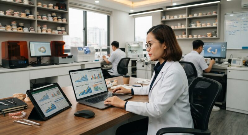 Dental lab owner reviewing cost and profit charts on a laptop - Endodontic Motor Price: The Key to Affordable Digital Dental Lab Services