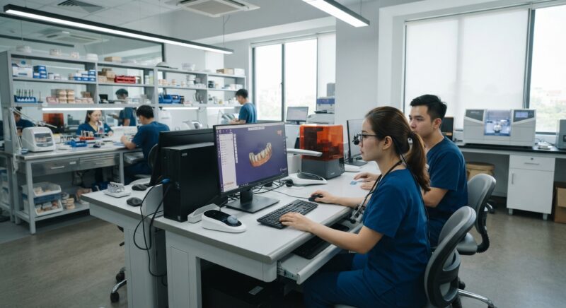 Dental technician designing a restoration in CAD software at a computer workstation - dental office manager vs owner responsibilities 2026