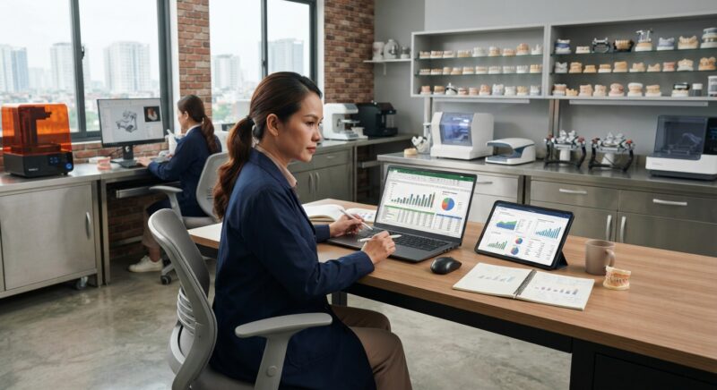 Dental lab owner reviewing cost and profit charts on a laptop - dental lab overhead cost breakdown 2026 Guide for Labs