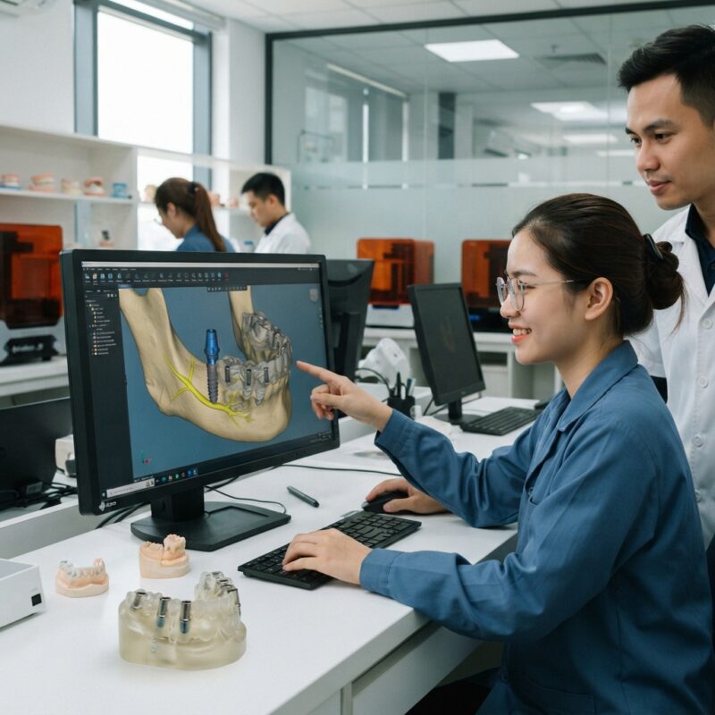 Implant and surgical guide design on screen with a printed guide on the desk - How to Plan a Surgical Guide Case with a Design Partner in 2026