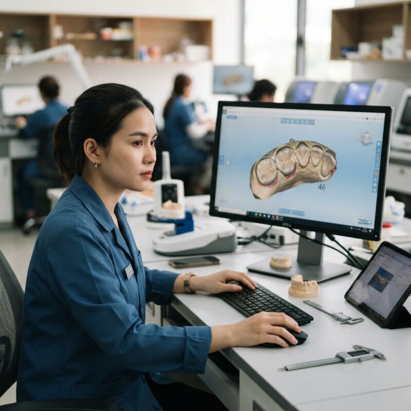 Dental technician designing a restoration in CAD software at a computer workstation - Chairside versus lab-made crowns: When each makes clinical sense in 2026